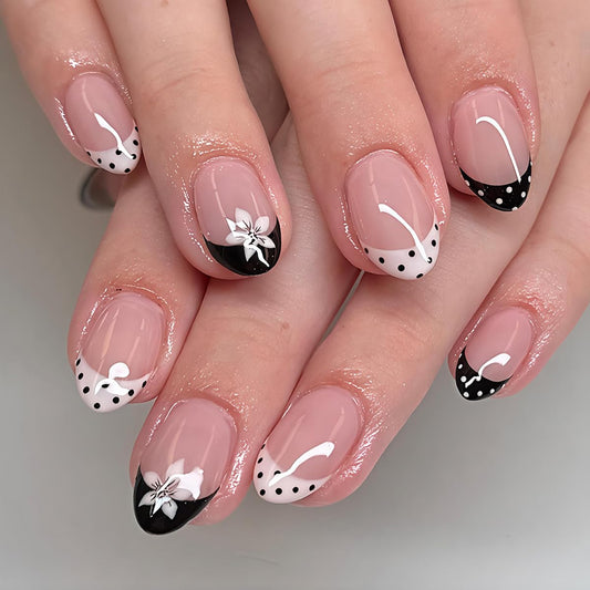 French Tip Press on Nails Short Oval Fake Nails Polka Dot Nails Press ons with Flower Design Artificial Acrylic Nails Reusable Full Cover Glue on Nails for Women Manicure 24Pcs