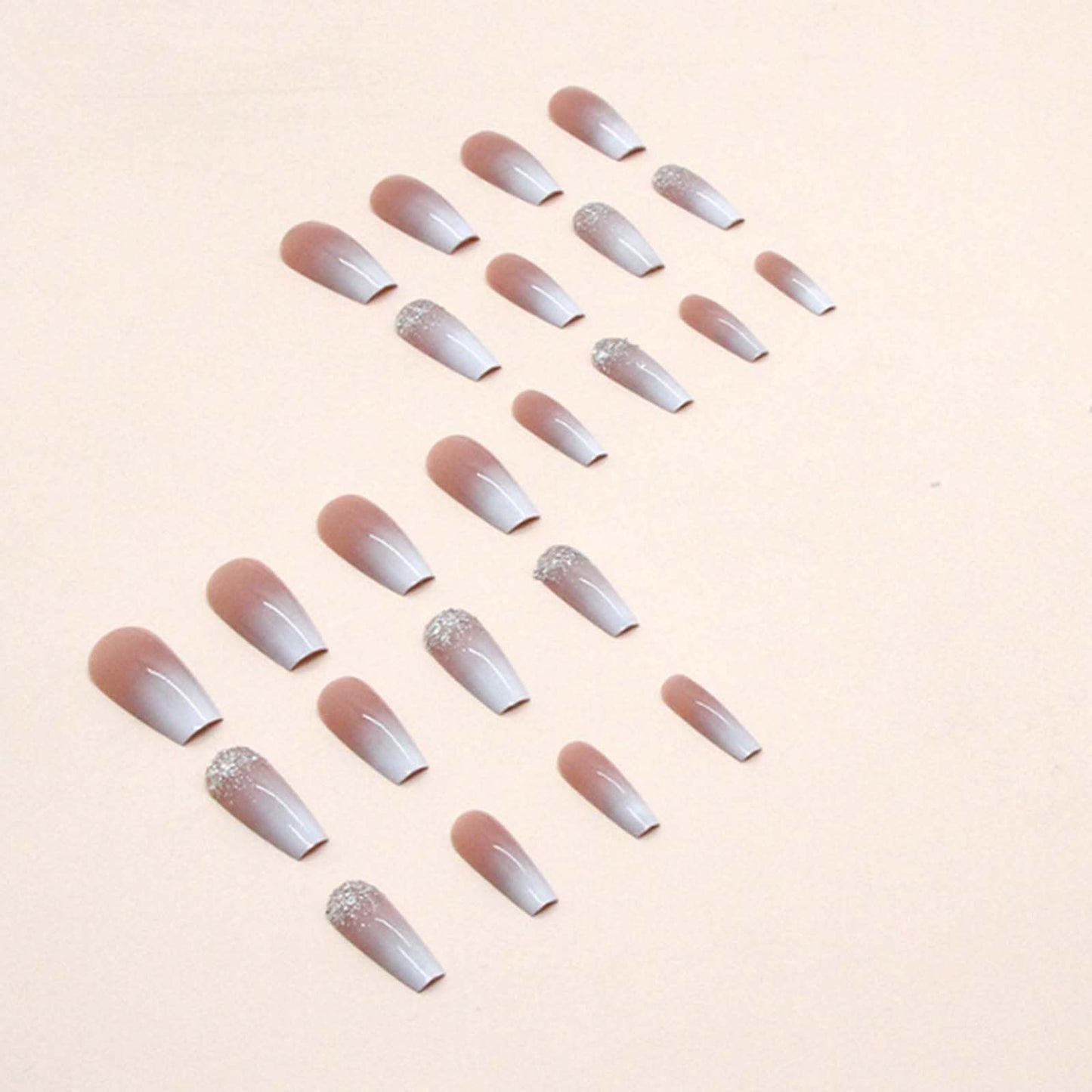 Gifiky Bling Fake Nails Long Coffin Press on Nails Gradient Cute Nails Tips Acrylic Full Cover Ballerina False Nails Nude for Women and Girls 24Pcs