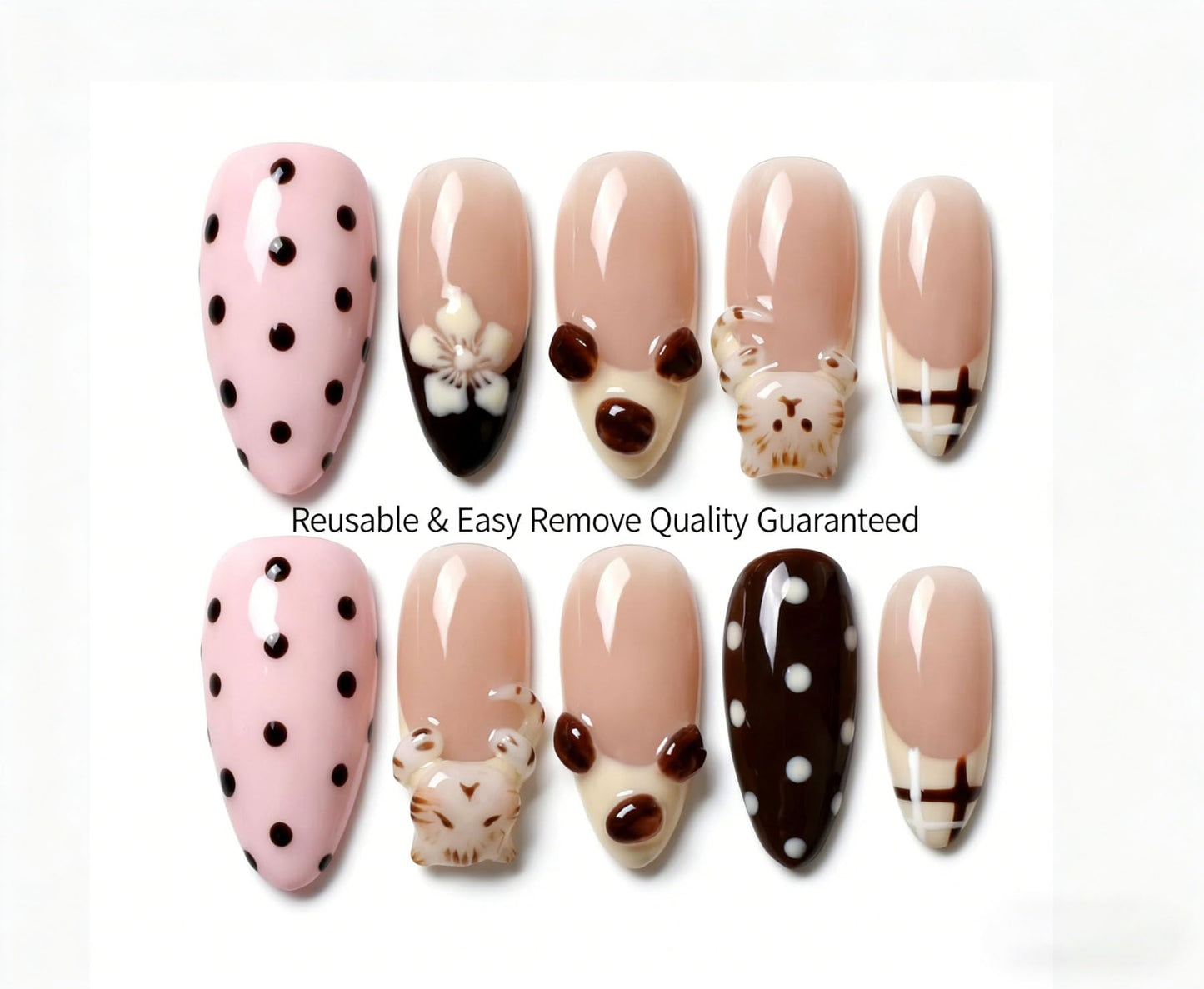 Handmade Press on Nails Almond Shape 3D Cute Glue on Nails for Women, Luxury Homemade Press on Nail Art Design, Fake Nails with 3D Nail Charms Size M 6