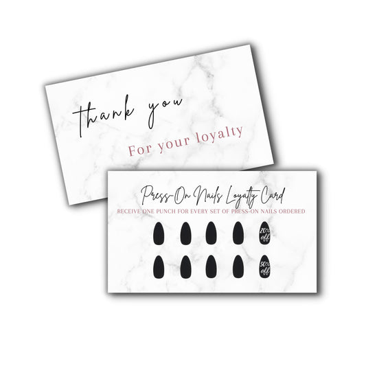 Boutique Marketing LLC Press-On Nail Loyalty Discount Cards | 50 Pack | 2x3.5 Inch inch Business Card Size | DIY Press-On Nail Kit | Marble Look with Black Nail Design,marble,black,white