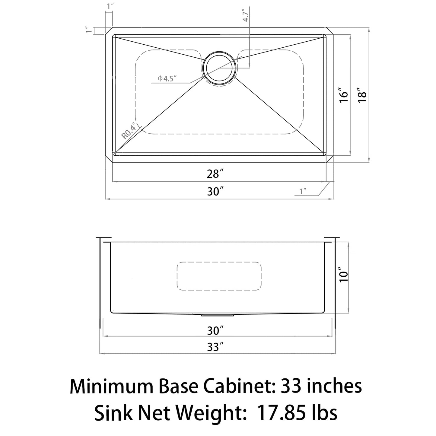 Sinber HU3018S 30" x 18" x 10" Undermount Single Bowl Kitchen Sink with 18 Gauge 304 Stainless Steel Satin Finish