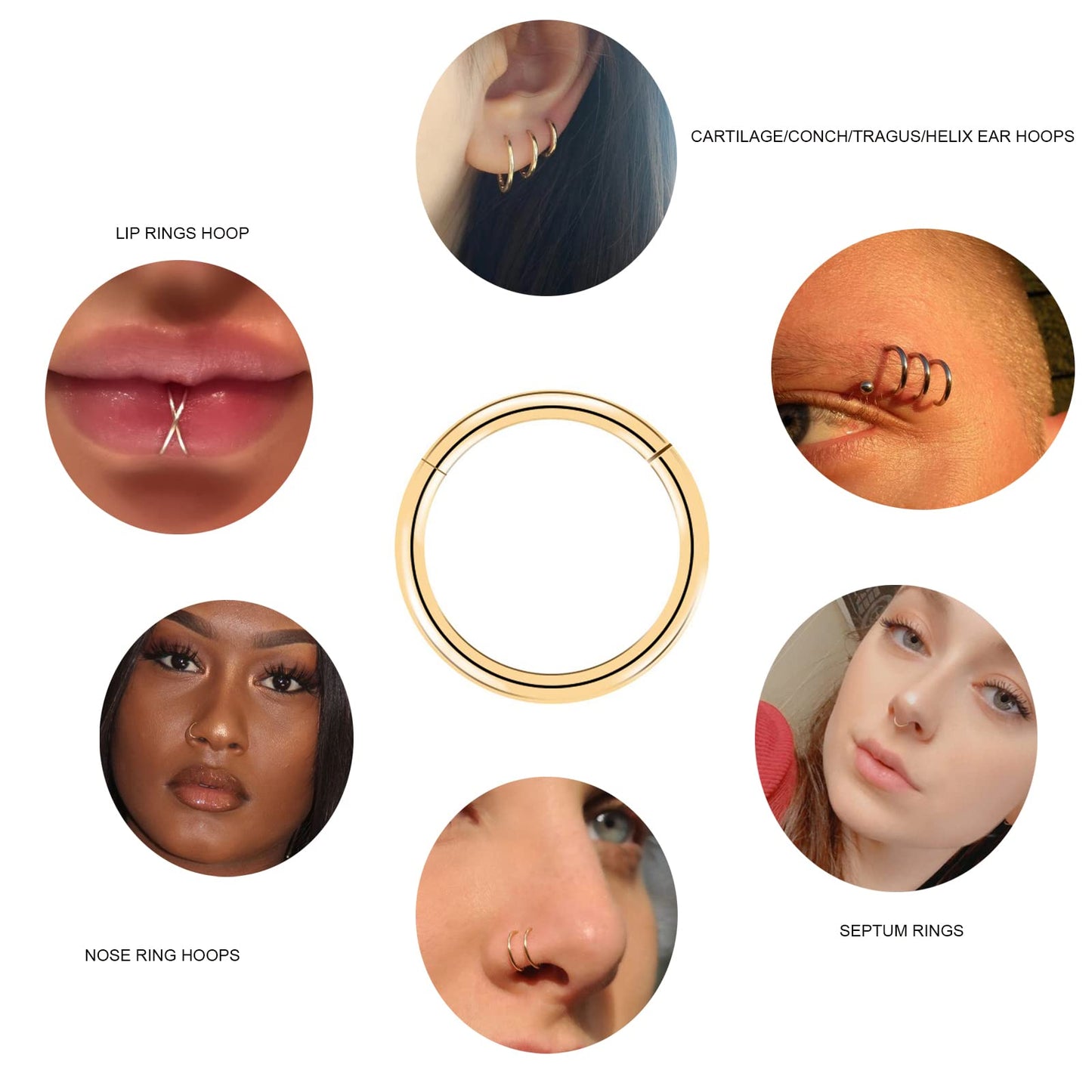 BOGKU 6pcs G23 Titanium Hinged Nose Rings Hoop 20 Gauge 9mm Nose Septum Clicker Segment Rings Cartilage Conch Tragus Helix Rook Hoop Earring Body Piercing Jewelry
