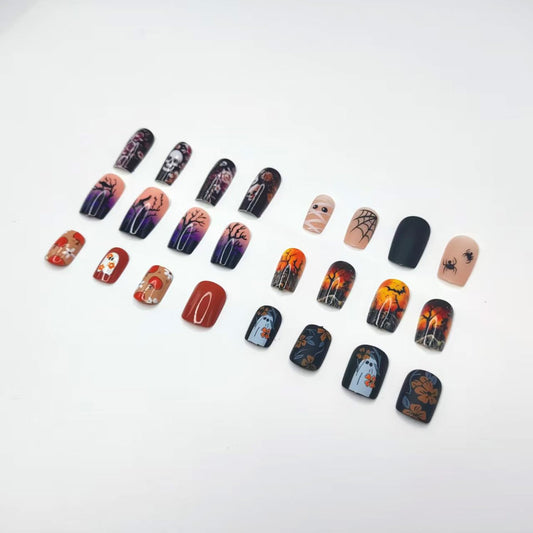 144 Pcs Halloween Press on Nails Short Medium Square Fake Nails 12 Size Ghost Pumpkin Matte Stick on Nail 6 Style Cute Halloween False Nails with Skull Acrylis Nails for Women(not include tooltik)