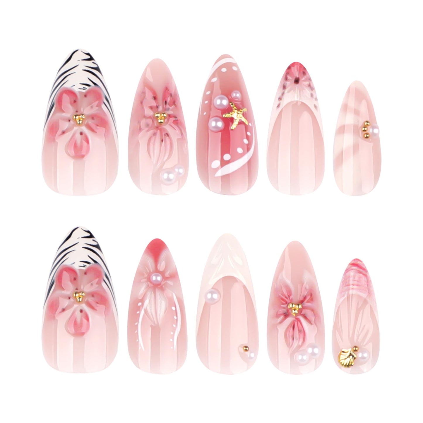 XZMeiLun 3D Pink Flower Press on Nails Medium Almond – White French Pear Designs, Acrylic Reusable Fake Nails with Adhesive Tabs Glue, Salon Quality Nail Press Ons - 24Pcs Nail Kit for Women Manicure