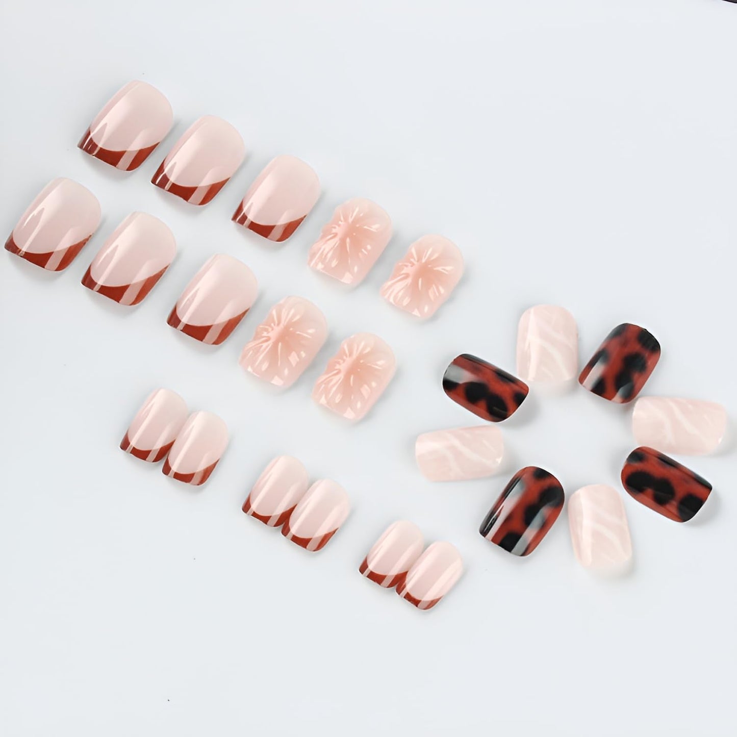 24Pcs Short Square Fake Nails 3D Flower Press on Nails Brown French Tip Stick on Nail Leopard Print Nails Press Ons Glossy False Nails Acrylic Stick on Nail for Women Decorations Set