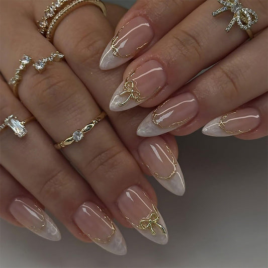 CJDLTS French Tip Press on Nails Medium Almond Shaped Gold Bow Design Nude Pink Acrylic False Nail Full Cover Glossy Artificial Fingernails Almond Tip False Nail DIY Glue on Nails for Women 24Pcs