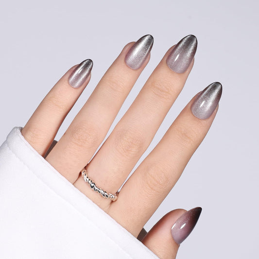 Black & White French Tip Cat Eye Press On Nails - Short Almond Press On Nails, Reusable Fake Nails with Glue, 32 PCS 16 Sizes