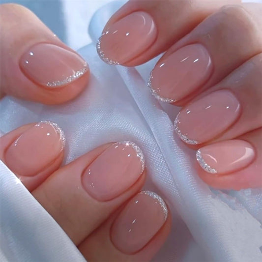 Silver Glitter French Tip Press On Nails Short Oval GCSQW Fake Nails, Light Pink Glossy False Nails Reusable Acrylic Stick On Nails for Women, 24 Pcs Manicure Kit with Adhesive Tabs
