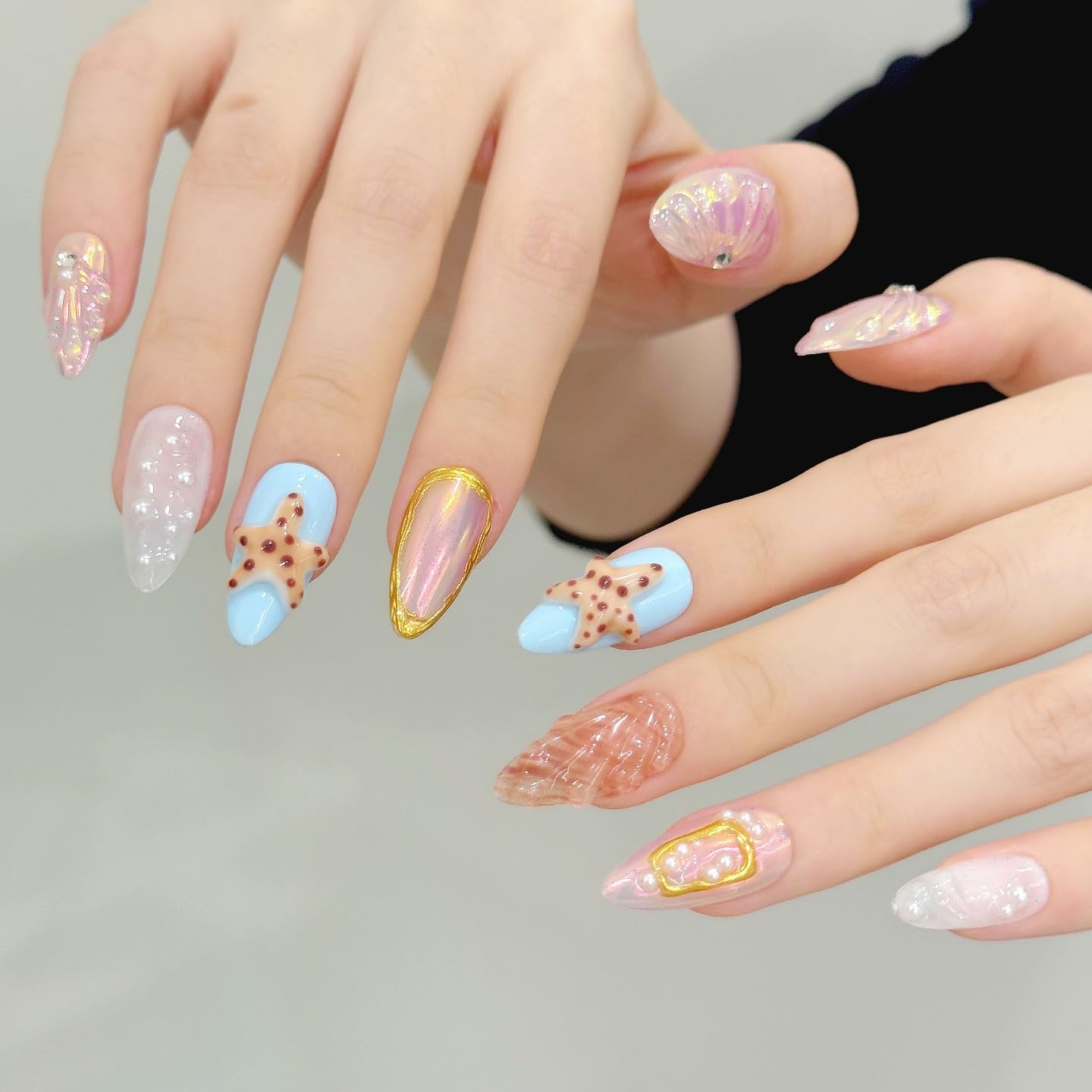 Handmade Press On Nails-3D Almond Cute Ummer Island Style ，Wedding Prom And Festival Traving Gift ，Thick Acrylic and Muti-Layer Gel Reusable False Nails (L)