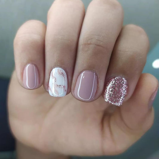 Stbisen Dusty Pink Nude Press On Nails Short, Square Nude Marble Glitter 15 Sizes - 30Pcs Stick On Nails for Women Gifts, Silver Sparkle Fake Nails, Reusable Glossy Salon Nail Tips, DIY Manicure
