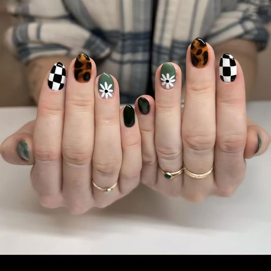 Spring Press on Nails Medium Oval Fake Nails Tortoiseshell False Nails Press ons with Flower, Checkered Design,Cute Reusable Artificial Nail Full Cover Stick on Nails for Women Manicure 24Pcs