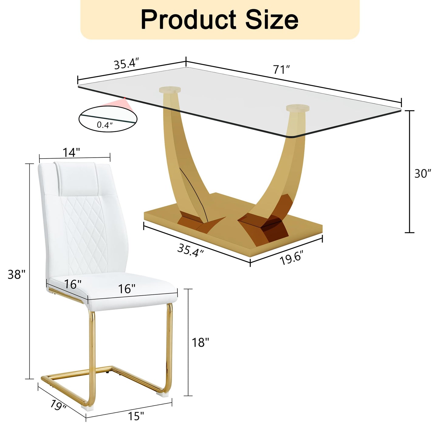 JEARGE Glass Dining Table Set for 6, Modern Kitchen Table Set for 6, 71" Tempered Glass Tabletop with U-Shaped Gold Base, 7 Ppiece Large Dining Room Table Set with White PU Leather Chairs