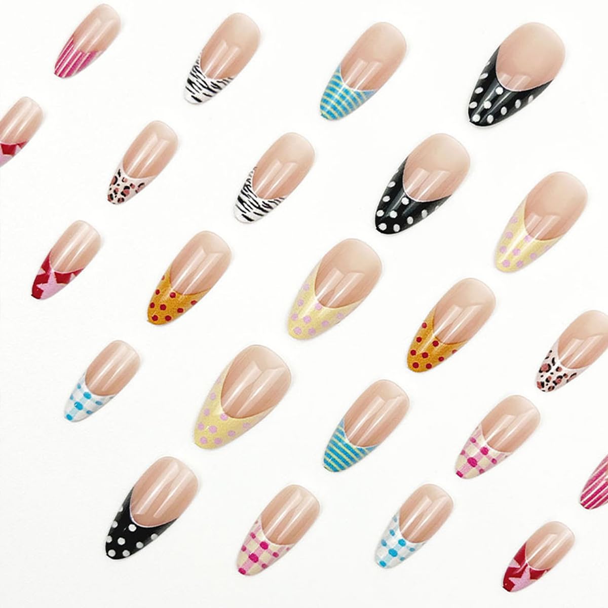 Almond Press On Nails - Summer Medium Colorful French Polka Dot Striped leopard pattern Fake Nails Glossy Finished Reusable False Nails with Glue Tabs - 24Pcs Nail Kit for Women Manicure