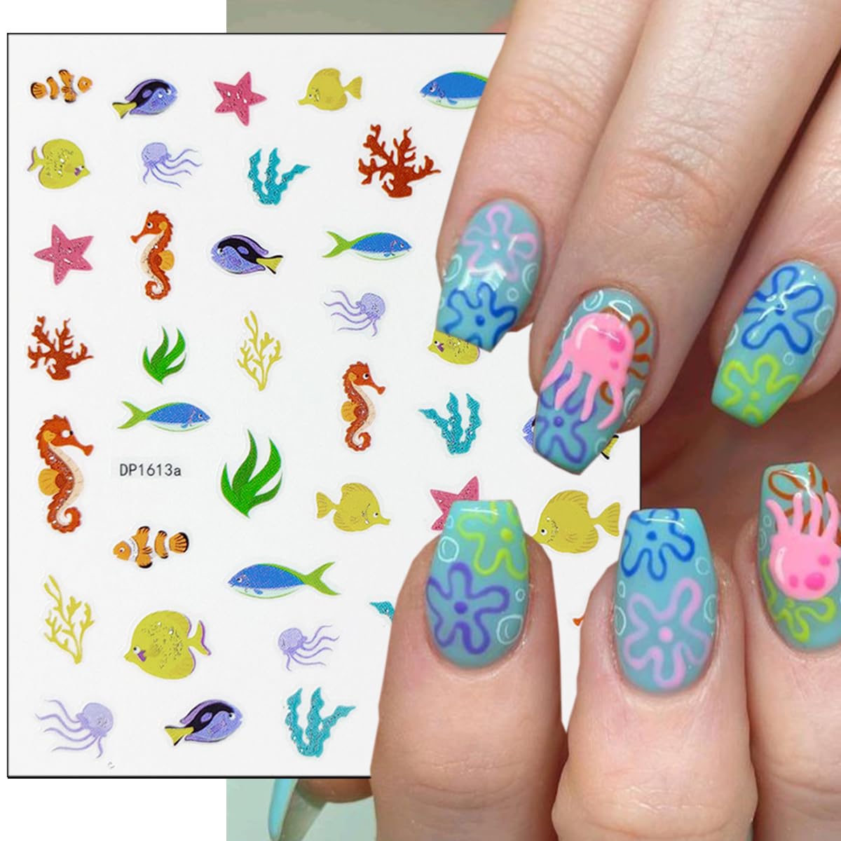 6Pcs Summer Nail Stickers for Nails Art 3D Self Adhesive Beach Nail Decals Tropical Octopus Crab Sea Turtle Shell Design Ocean Nail Supplies Accessories Seahorse Starfish Nail Art Stickers for Women