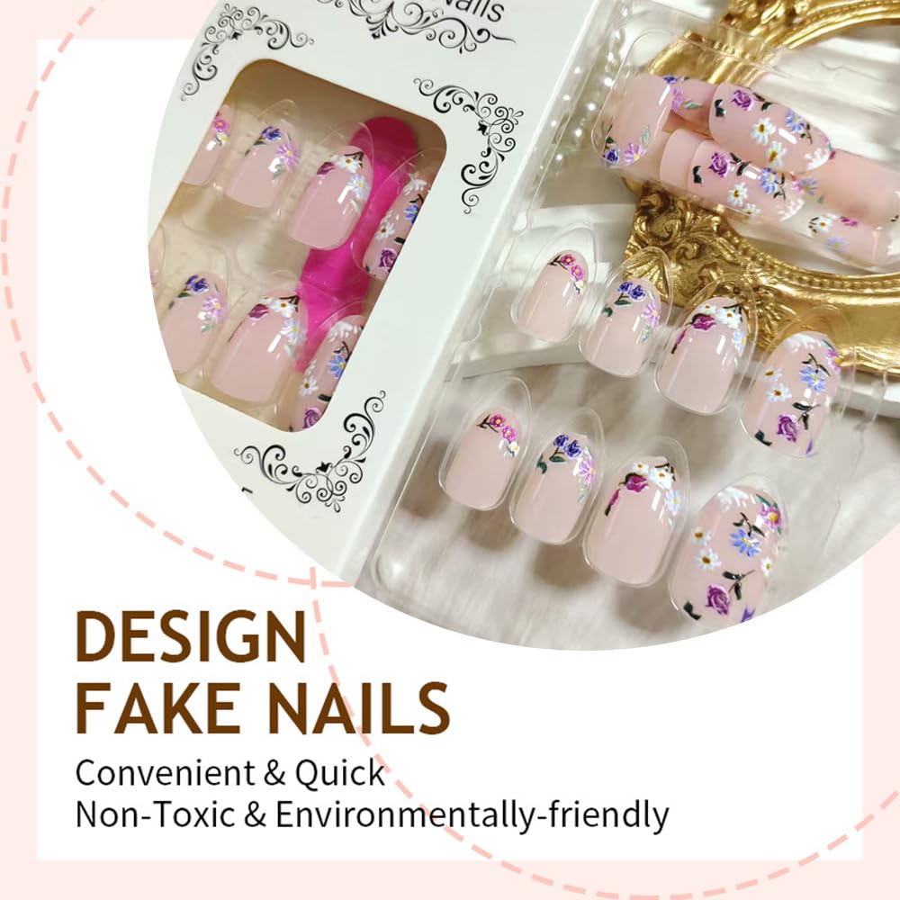 Flower Press on Nails Short Almond Spring Fake Nails with Embossed Flowers Designs Summer False Nails Gel Artificial Fingernail Cute Acrylic Nail Natural Full Cover Stick on Nails for Women 24Pcs