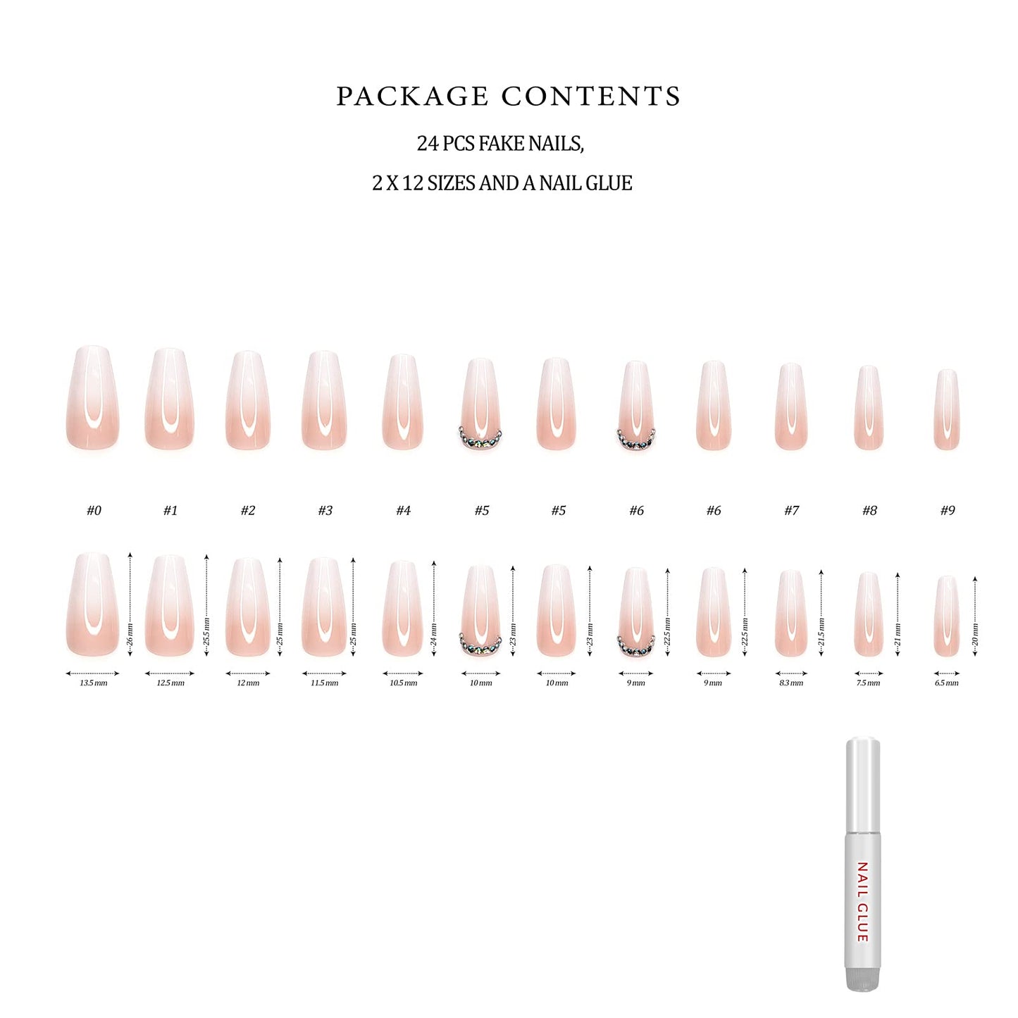 Hypnaughty 24 Pcs Rhinestone Luxury Coffin Press on Nails with Design and Glue Long Fake Nails Nude and White Ombre with Rhinestones Glossy Glue On False Nails (Rhinestone)