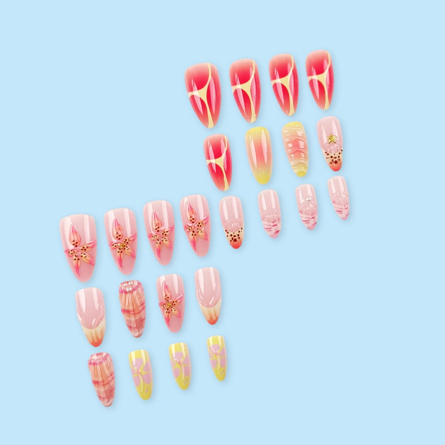24Pcs Flower Press on Nails Medium Almond Summer Fake Nails with French Tip Nails Design Gold Starfish Pearl Nails Spring False Nails Full Cover Artificial Glue on Nails Cute Stick on Nails for Women