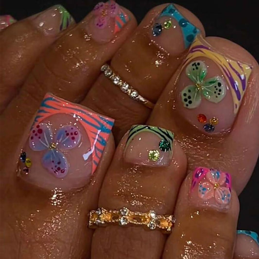 yefiuo 3D Flowers Press on Toenails Leopard French Toe Press on Nails Tips Kit Fake Toe Nails Press ons False Toenails Rhinestones Acrylic Glue on Nails Stick on Nails for Women Nail Supplies 24Pcs