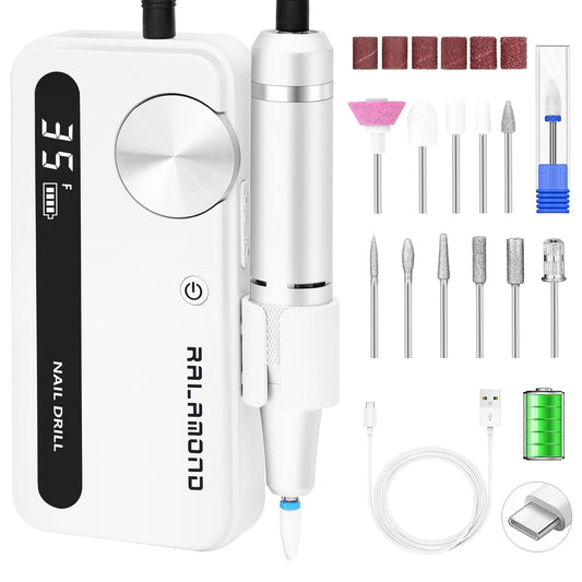 RALAMOND Professional Nail Drill, 35000RPM Electric Nail File, Rechargeable Cordless Machine, Nail Drill Kit with Bits, Portable Electric Nail Filer Manicure Pedicure (White)