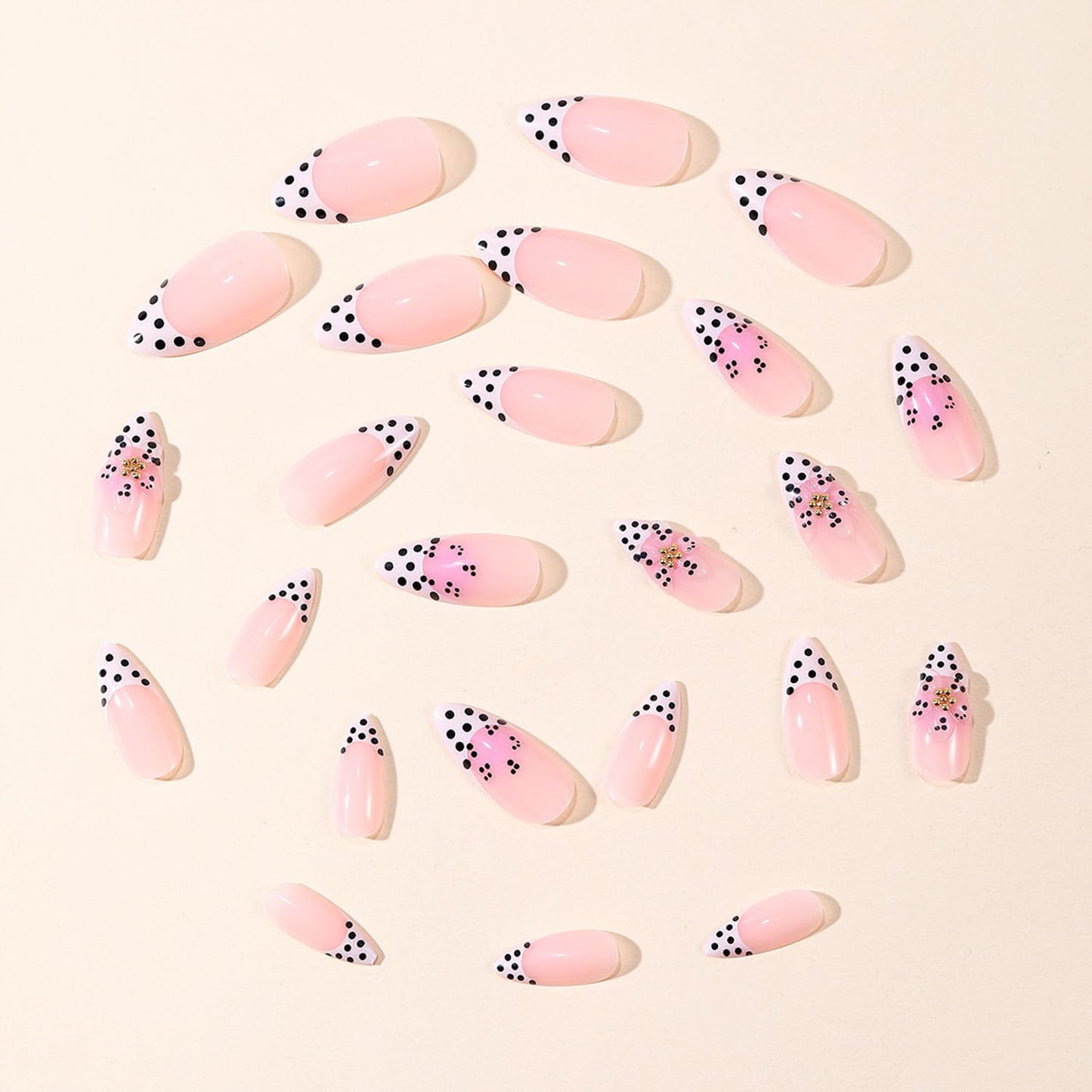 Flower Press on Nails Medium Alomnd Fake Nails with 3D Floral French Flower False Nails Press ons Spring Summer Polka Dot Acrylic Nails for Women Nail Decorations