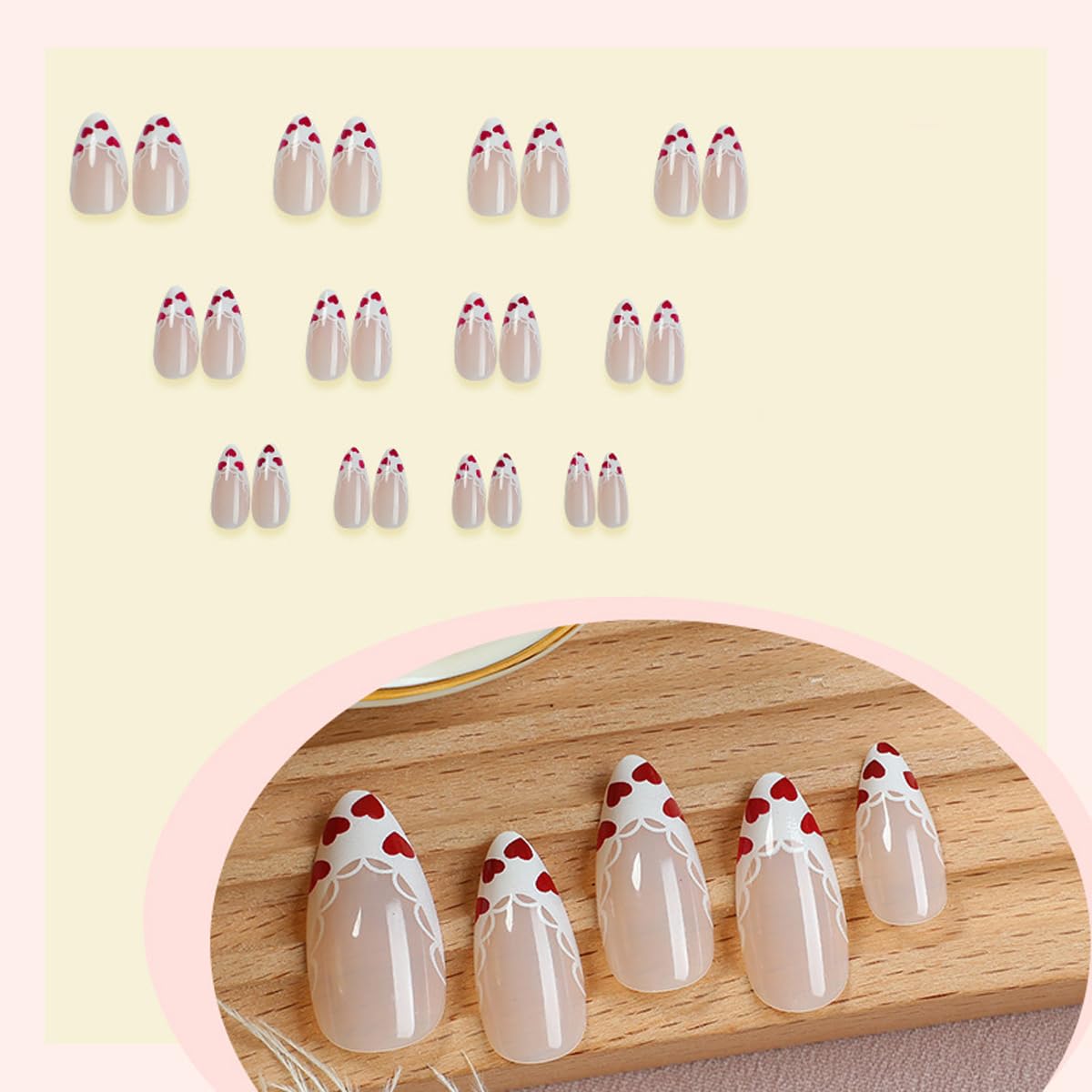 Valentines Press On Nails Short Almond Fake Nails White Lace French Tip False Nails Press ons with Heart Design Glossy Acrylic Full Cover Stick on Nails for Women Girls Date Manicure 24Pcs