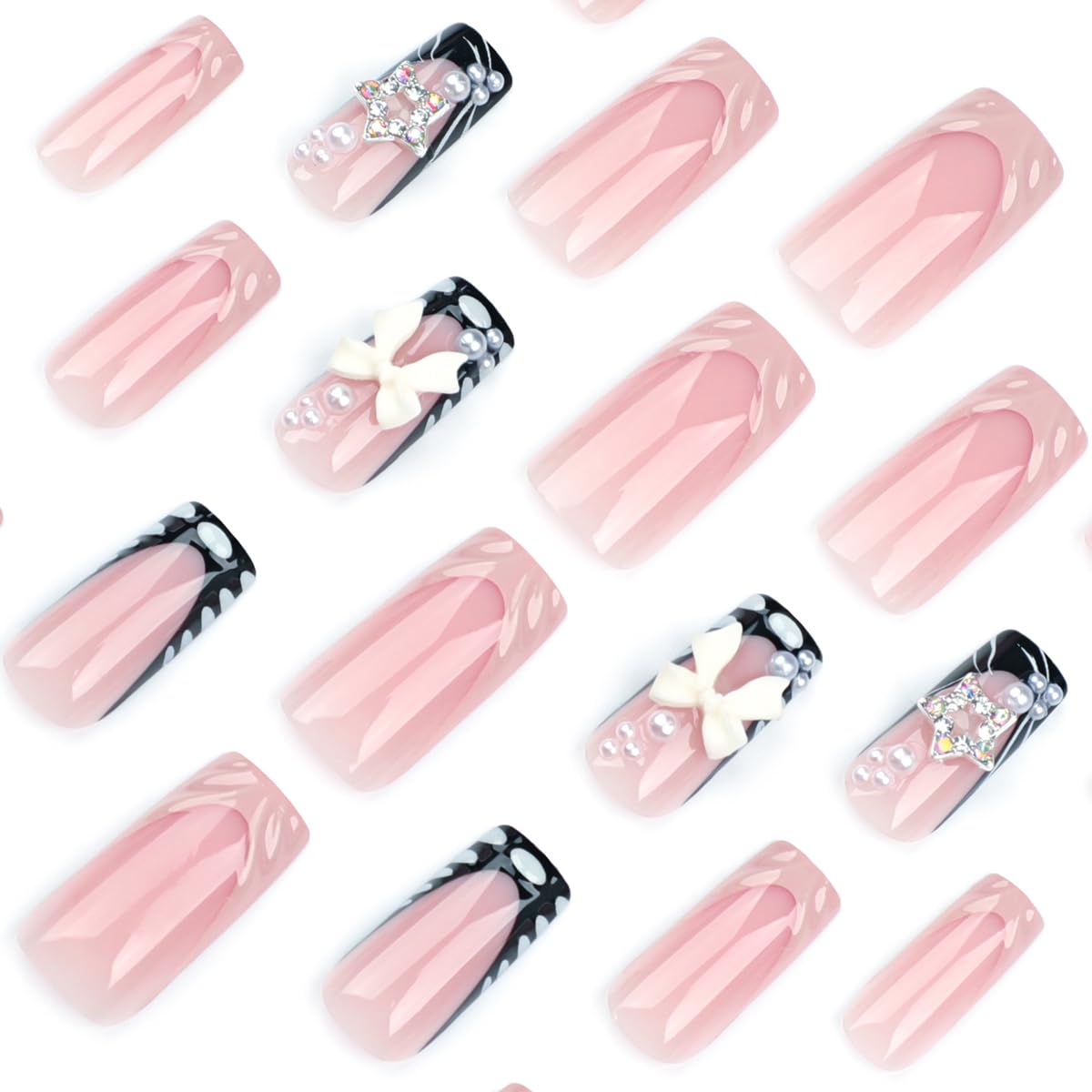 Medium Square Press on Nails Bow Fake Nails Black French Tip False Nails Press ons with 3D Bow Star Pearls Designs Reusable Acrylic Nails Full Cover Artificial Stick on Nails for Women Manicure 24Pcs