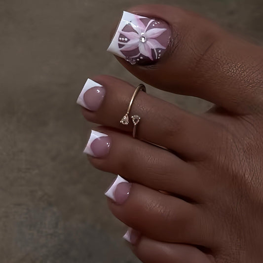 Summer Flower Press on Toenails Rhinestones False Toenails White French Tip Toe Nails Reusable Full Cover Toe Nails for Women