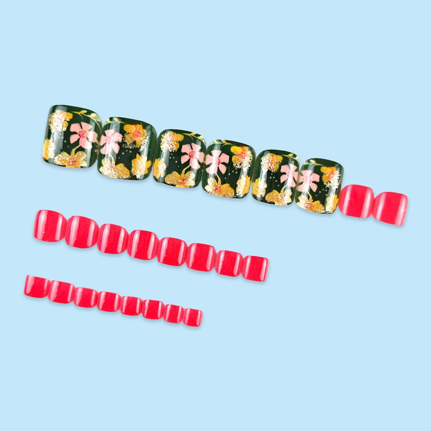 24Pcs Flower Press on Toenails Short Square Fake Toe Nails Press ons Pink Gold Glitter Floral Acrylic Toenails Rose Red Green Toe Press on Nails Summer False Toenails for Coquette Women