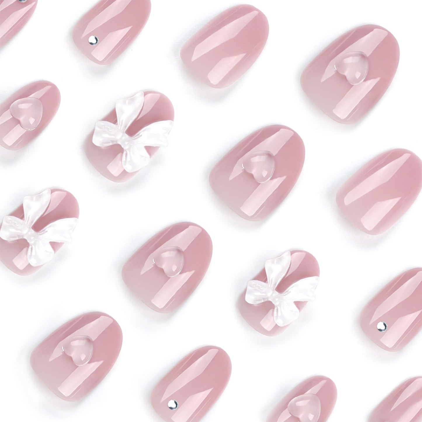 SINHOT Heart Press on Nails Medium Square Fake Nails Glossy Glue on Nails 3D Butterfly Squoval Rhinestones Acrylic Nail Valentines Day Stick on False Nail with Design 24 pcs