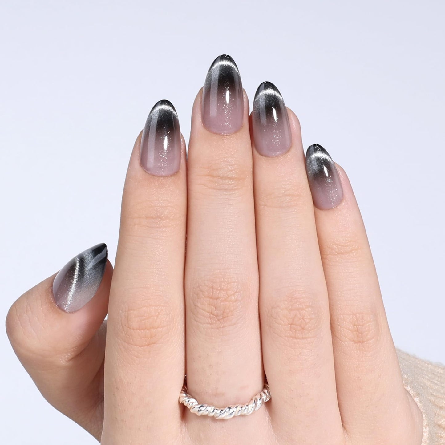 SEEWEE Ombre Black Cat Eye Press On Nails Almond - Short Almond Fake Nails with Nail Glue, Ombre Black Cateye Press On Nails Reusable Stick On Nails in 16 Sizes 32 Nail Kit for Women | Salon Quality