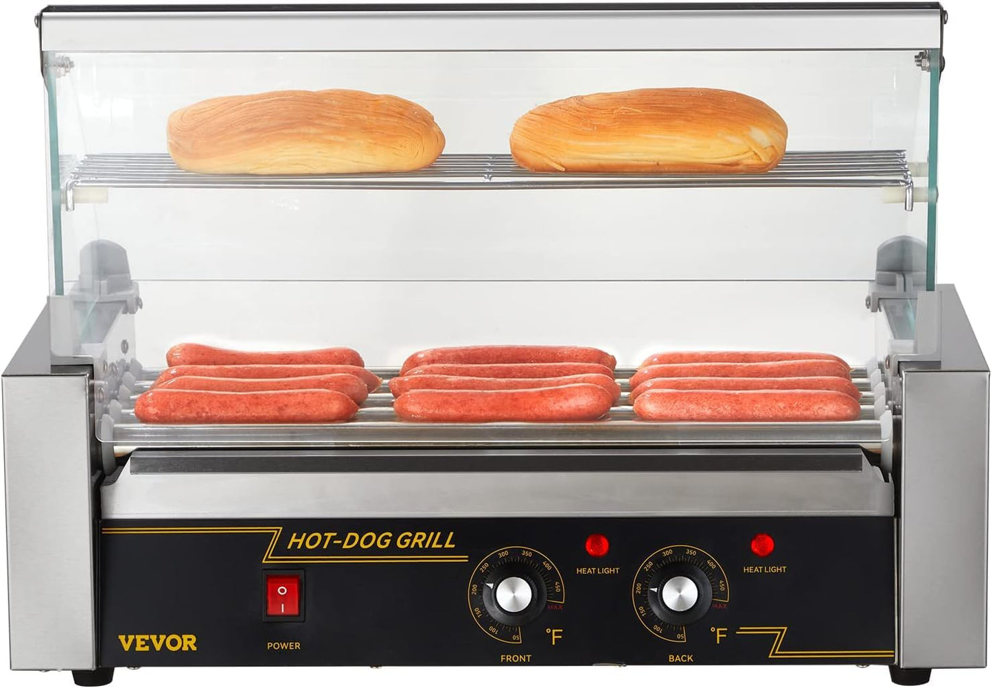 VEVOR Hot Dog Roller, 12 Hot Dog Capacity 5 Rollers, 750W Stainless Steel Cook Warmer Machine with Cover & Dual Temp Control, LED Light & Detachable Drip Tray, Sausage Grill Cooker