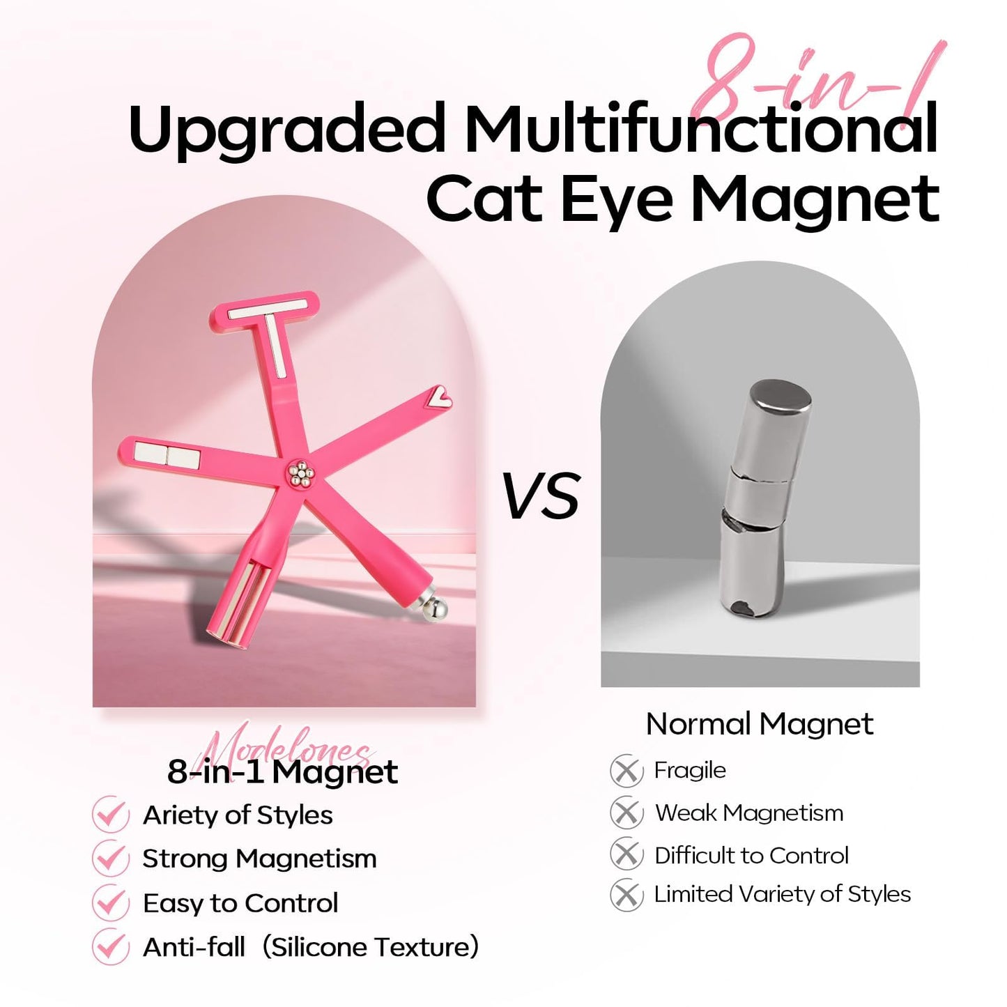 Modelones Cat Eye Gel Polish Nail Magnet, 8-in-1 Cat Eye Magnet Tool for Gel Nails Strong Magnetic Nail Art Wand with Steel Ball, Glass Bead& French Tip&Clover Cateye Multi-Effect Magnets DIY Salon