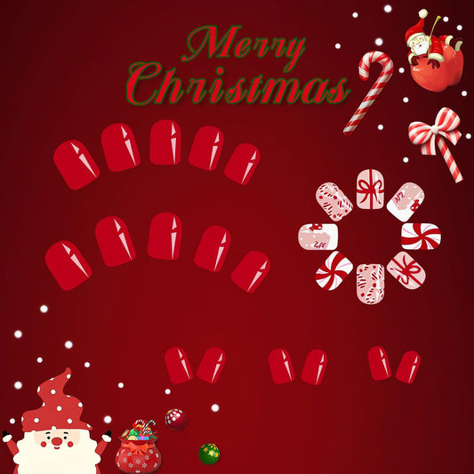 Christmas Red Press on Nails Short Square Shape Fake Nails Stripe Bow Press on Nails Short Red Christmas Design False Nail Tips Glossy Acrylic Nail Cute WInter Stick on Nail for Women 24Pcs