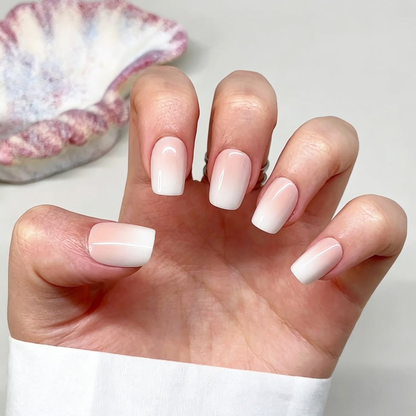 Bonitiva Short Square Press On Nails, Glossy Nude Ombre Soft Gel Reusable, 32PCS 16 Sizes, Salon Quality Long Lasting Fake Nails with Nail Glue & File Kit for Women Girls, Daily Wear