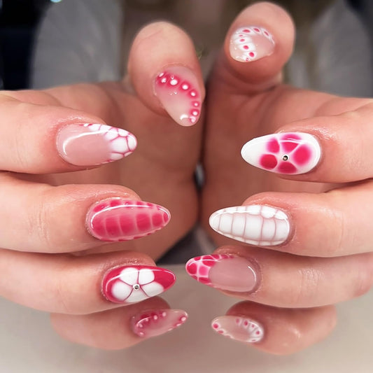 French Tip Press on Nails Medium Almond Summer Flower Fake Nails with Glue Gemstone Stick on Nails Full Cover Pink White Glossy False Nails for Women DIY Manicure Decoration 24PCS