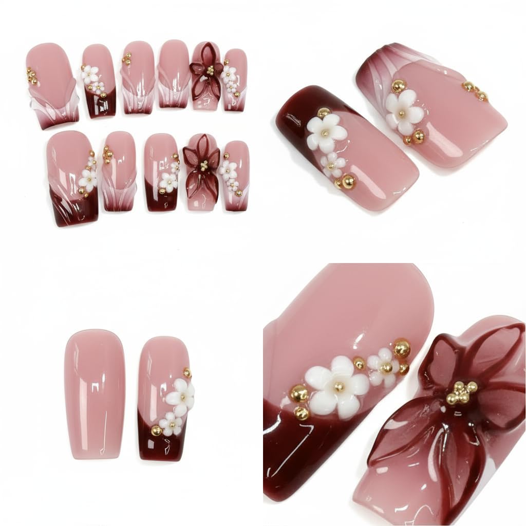 Handmade Press on Nails Medium Square Fake Nails Red French Tip with 3D Flower Designs luxury Pearl Charm Glossy Cute Acrylic Nails for Women 10pcs (Size M）