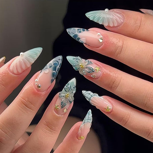 Summer Blue Press on Nails Long Almond Fake Nails French Nails Press ons with Flower,Seashell Design Reusable Artificial Nails Full Cover Stick on Nails for Women Manicure 24Pcs