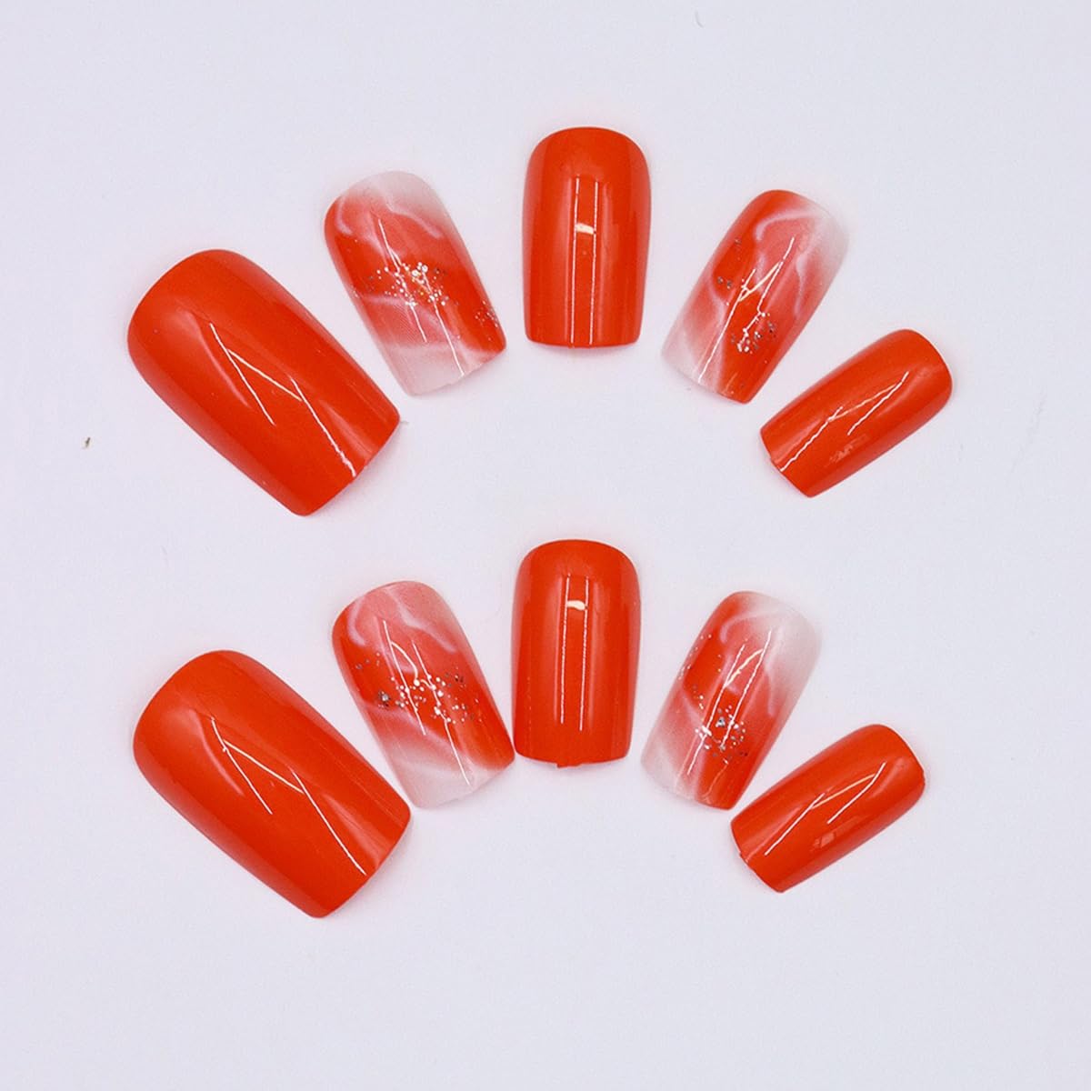 Medium Press on Nails Square - Orange Fake Nails with Gold Foil Design - Glossy Full Cover Stick on False Nails - for Women 24 Pcs