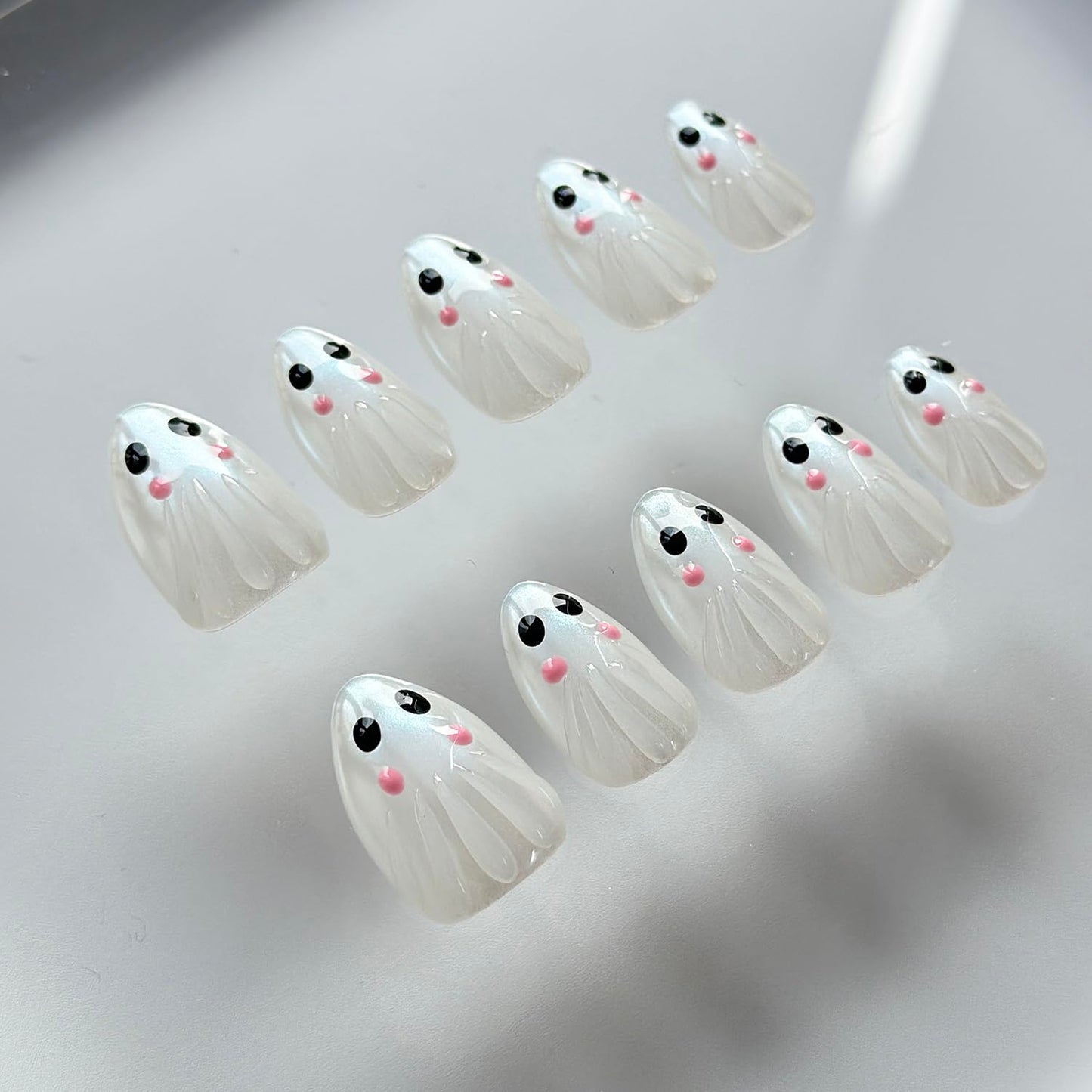 Halloween Press on Nails Medium Almond Handmade Nails 3D Unique Reusable ABS Material Luxury Fake Nails Chrome Cute Little Ghost False Nails with Designs Glossy Glue on Nails Thick Acrylic Nails(M)