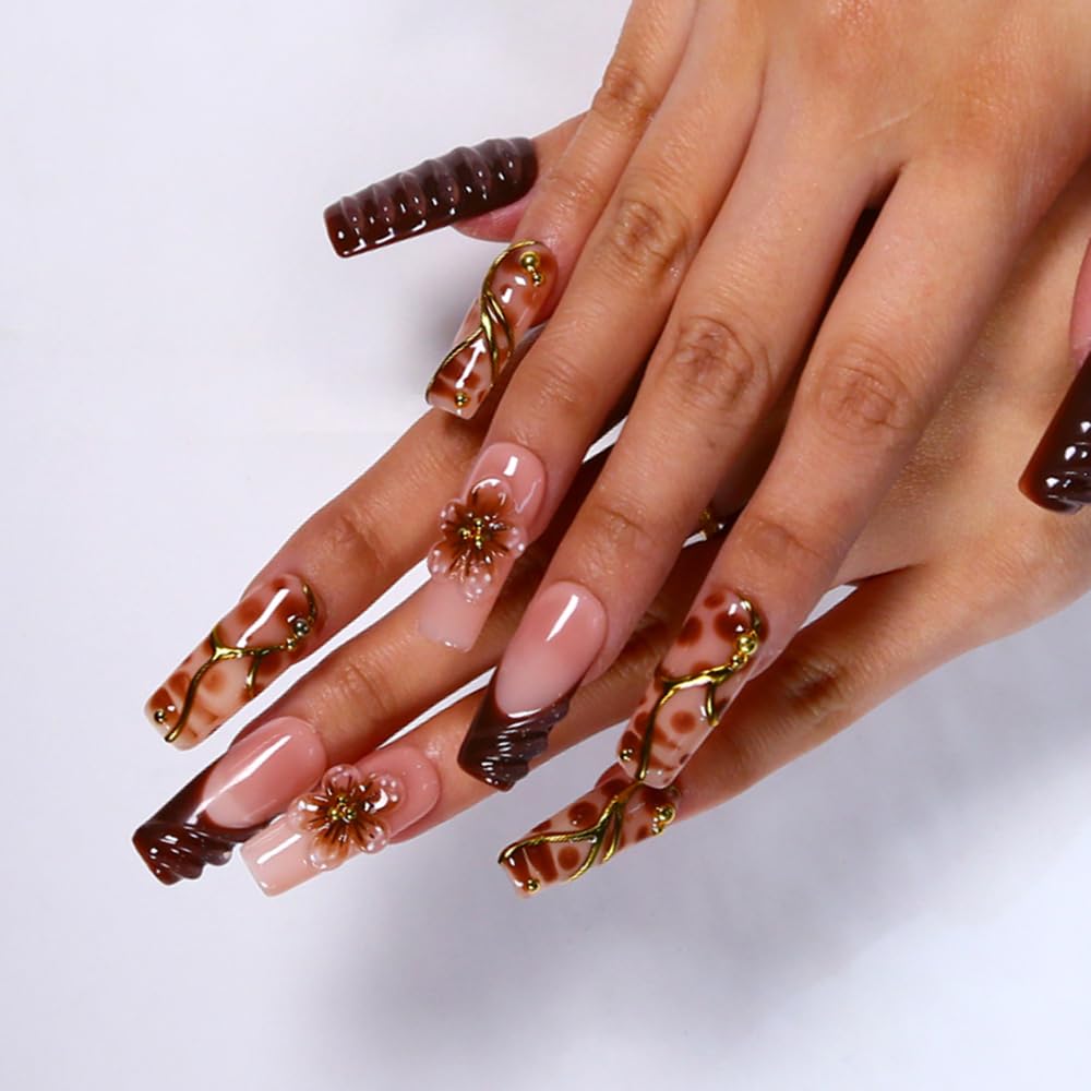 Press On Nails - MAGLFELL Handmade Square Fake Nails, Spring & Summer Painting 3D Floral Design, Reusable Artificial False Nails for Women 15 Sizes - 30Pcs Stick On Nails Kit