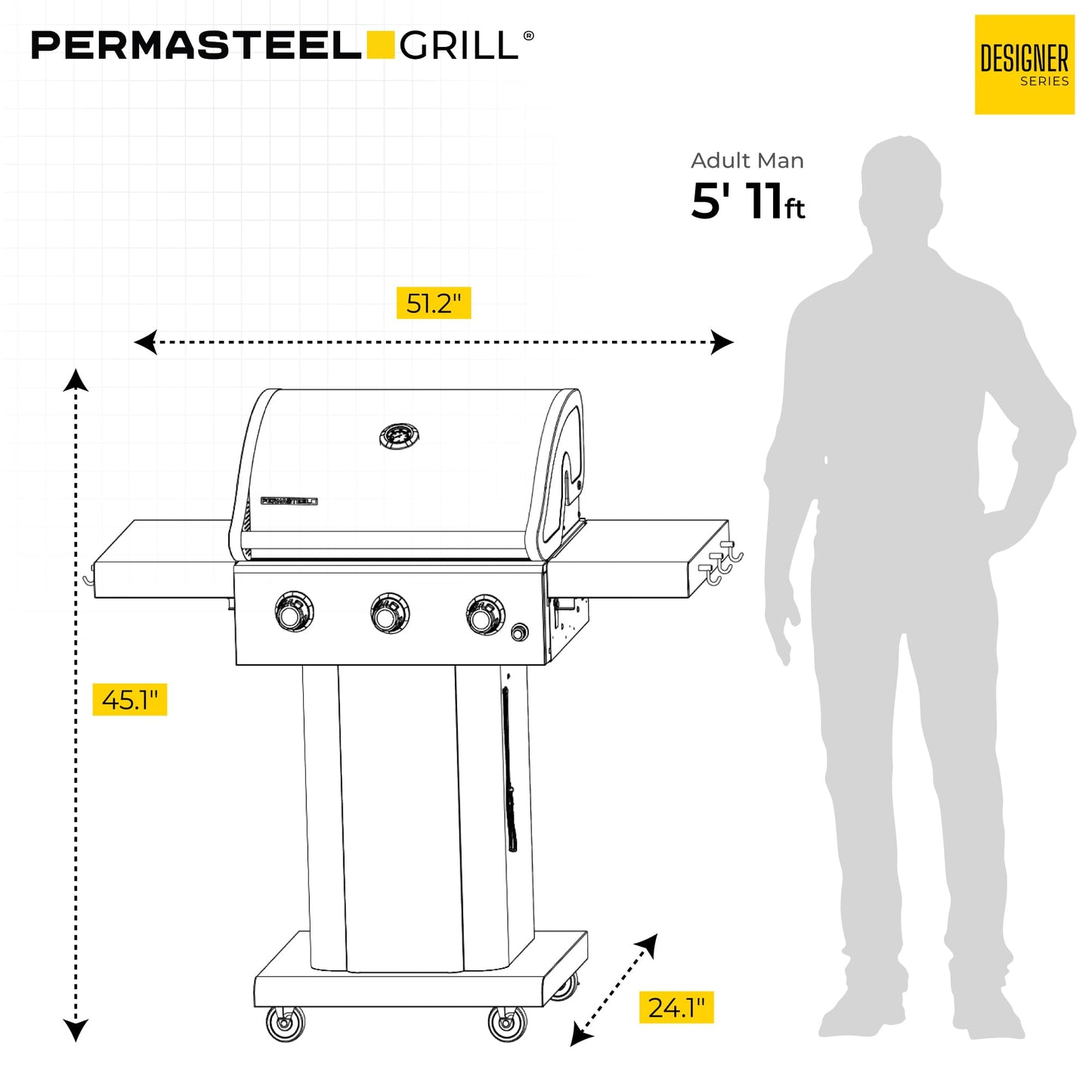 Permasteel 3-Burner Propane Gas Grill, 30,000 BTUs BBQ Grill with Cast Iron Grates, Foldable Side Tables & Tool Hooks, Outdoor Grill, Azure