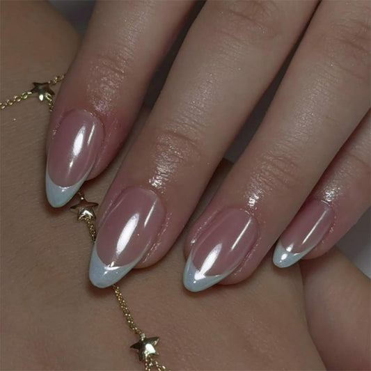 Blue French Tip Press on Nails Medium Almond Fake Nails Chrome Nails Press ons with Glazed Design,Summer Reusable Acrylic Nails Full Cover Glue on Nails for Women Manicure 24Pcs