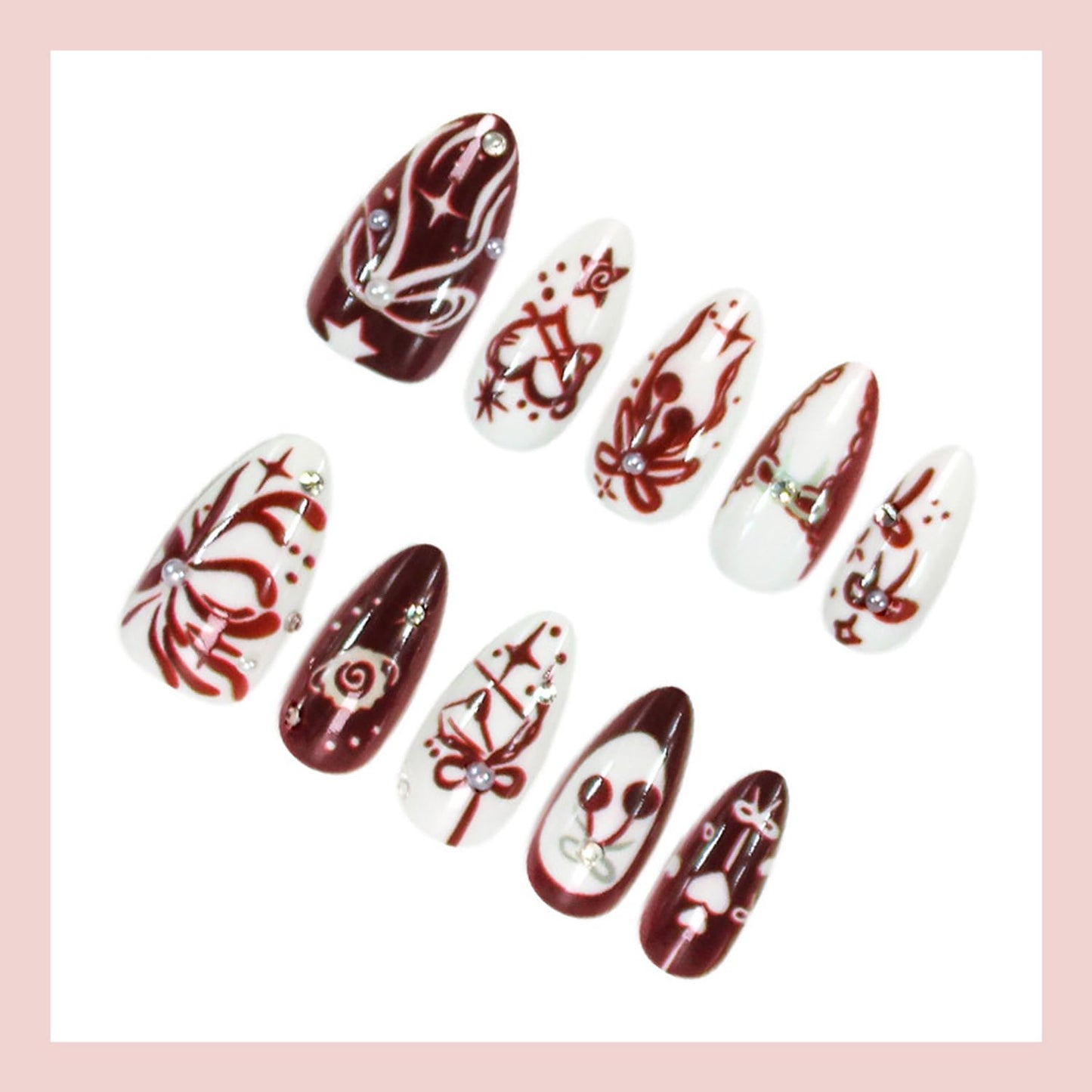 30Pcs Medium Almond Press on Nails Cute Bow Cherry Design Rhinestone Fake Nails Heart Star Stick on Nails Red Full Cover Glossy Reusable Artificial Acrylic Nails Valentine's for Women DIY Decor