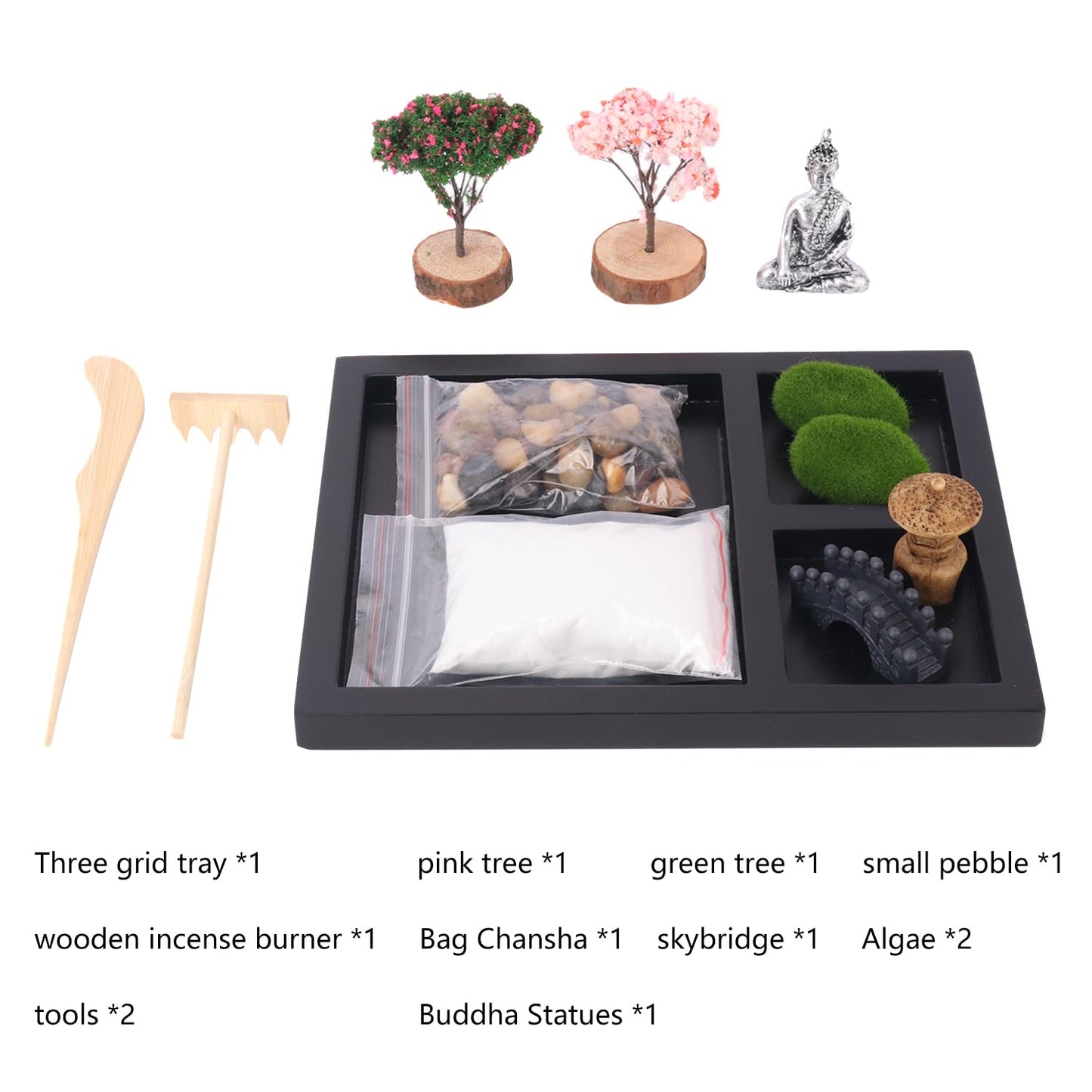 Zen Garden Kit, Mini Zen Garden for Desk - Zen Sand Garden for Office Decor with Pebble, Zen Sand, Bridge, Algae, Buddha & Rake Tool Zen Garden for Meditation