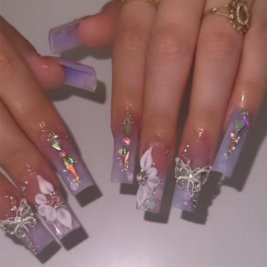 IMRAIN Press on Nails Long Square Fake Nails Purple Gradient Glossy False Nails Full Cover Glue on Nails with Butterfly Rhinestone Designs Artificial Summer Acrylic Squoval Nail Kit