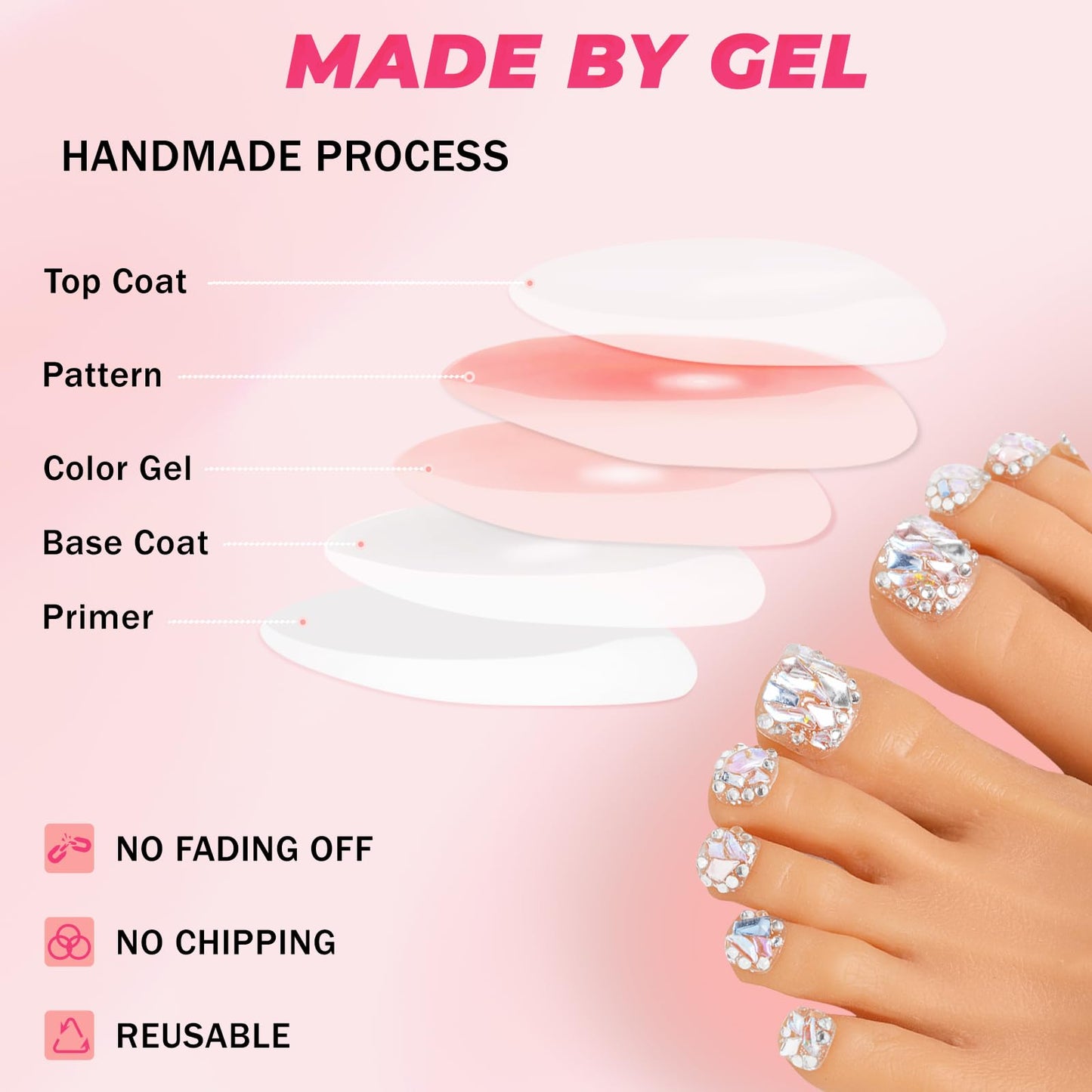 Sethexy Short False Toenails Silver Bling Rhinestone Wedding Full Cover Press On Toenails Luxury Crystal Fake Toe Nails Acrylic Stick On Foot Nails for Women and Girls 10Pcs (8, L)