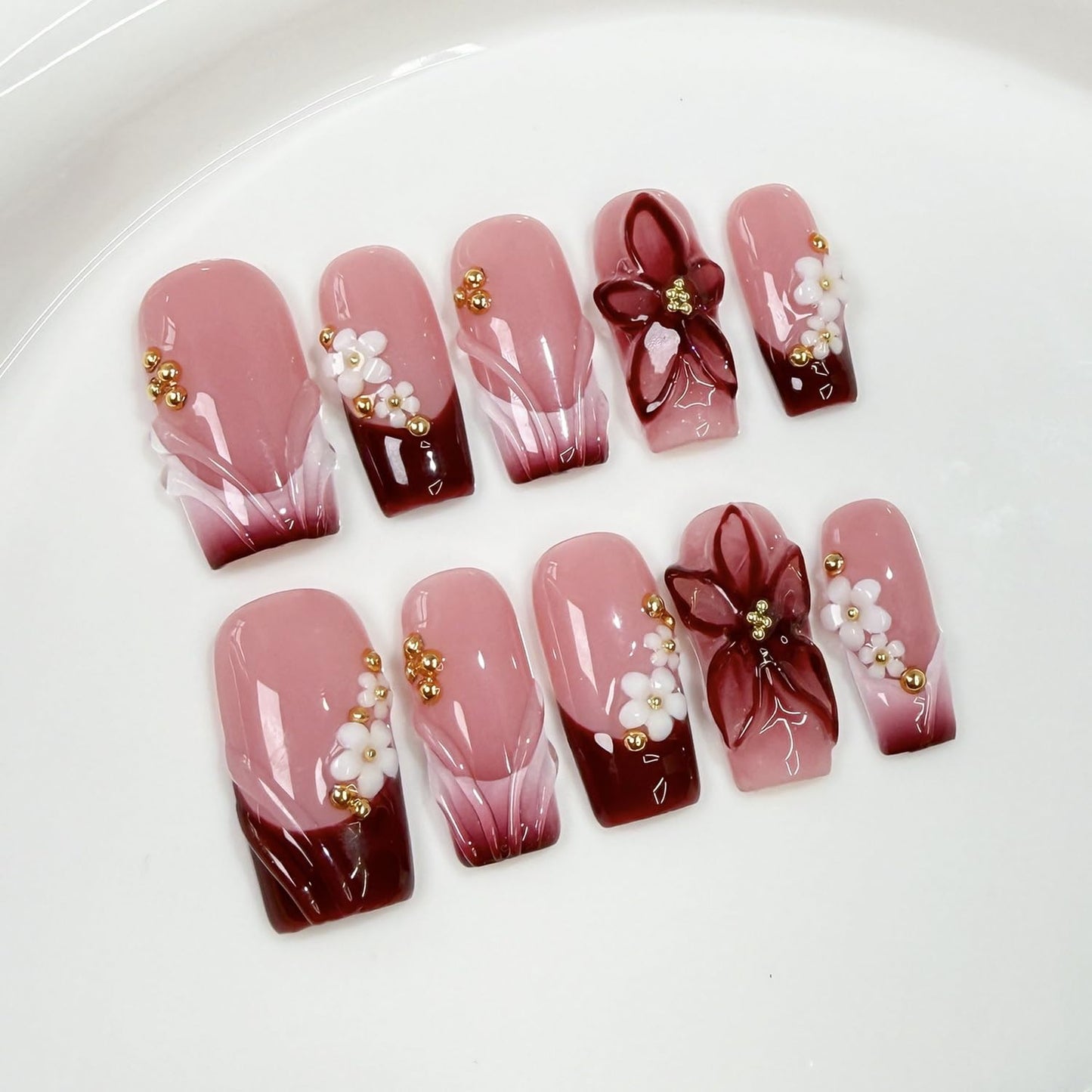 10 Pcs Handmade Press on Nails Gradient French Tip Acrylic Nails Medium Square Fake Nails with 3D Flower Design Full Cover Artificial Stick on False Nail for Women (S)