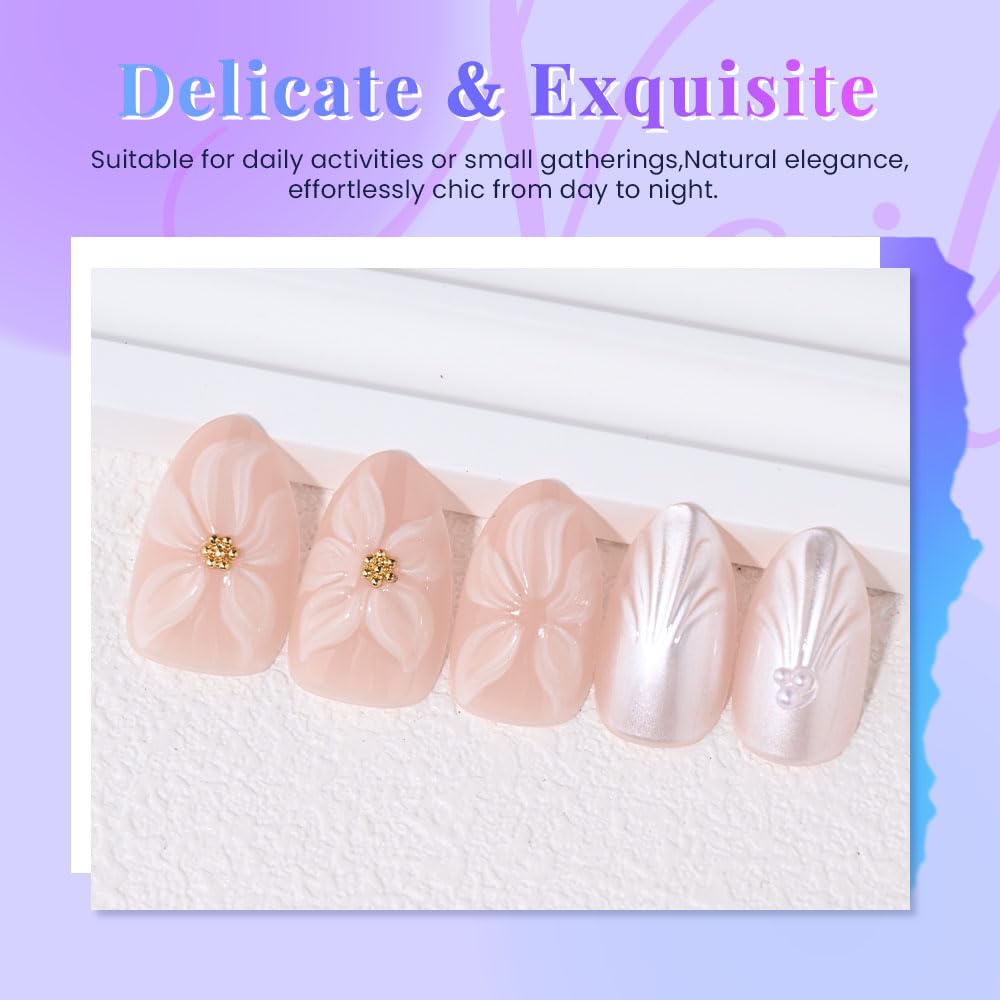 XZMeiLun 3D Pink Flowers Press on Nails Short Almond, Acrylic Fake Nails with 3D Gold Line White Pearls Floral Design, Reusable Glue-On Stick for Flower Fashion Nails for Women