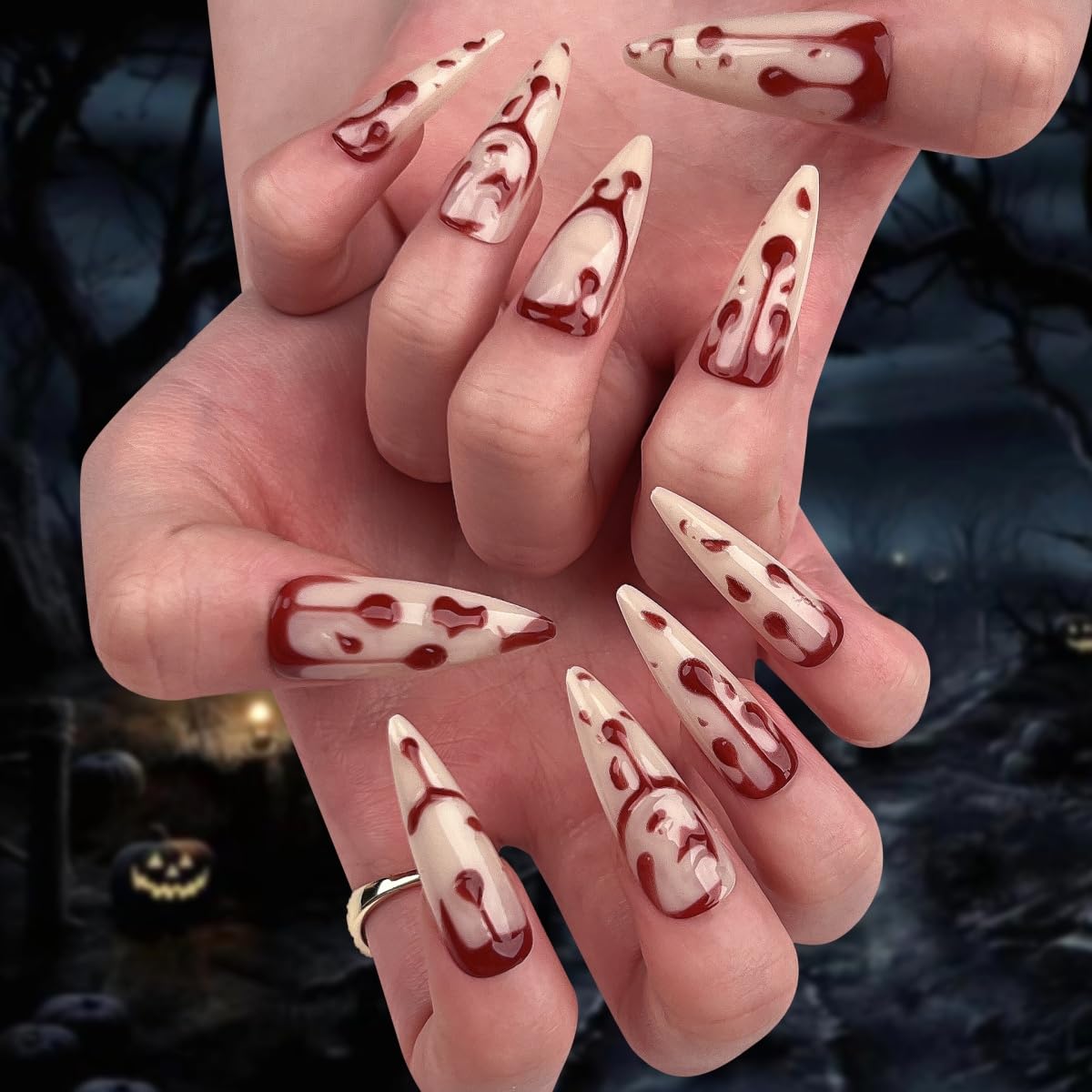 Halloween Press on Nails Long Almond Fake Nails Blood Design Stick on Nails Glossy Stiletto False Nails Artificial Reusable Full Cover Acrylic Glue on Nail for Women Nail Art Decoration 24Pcs
