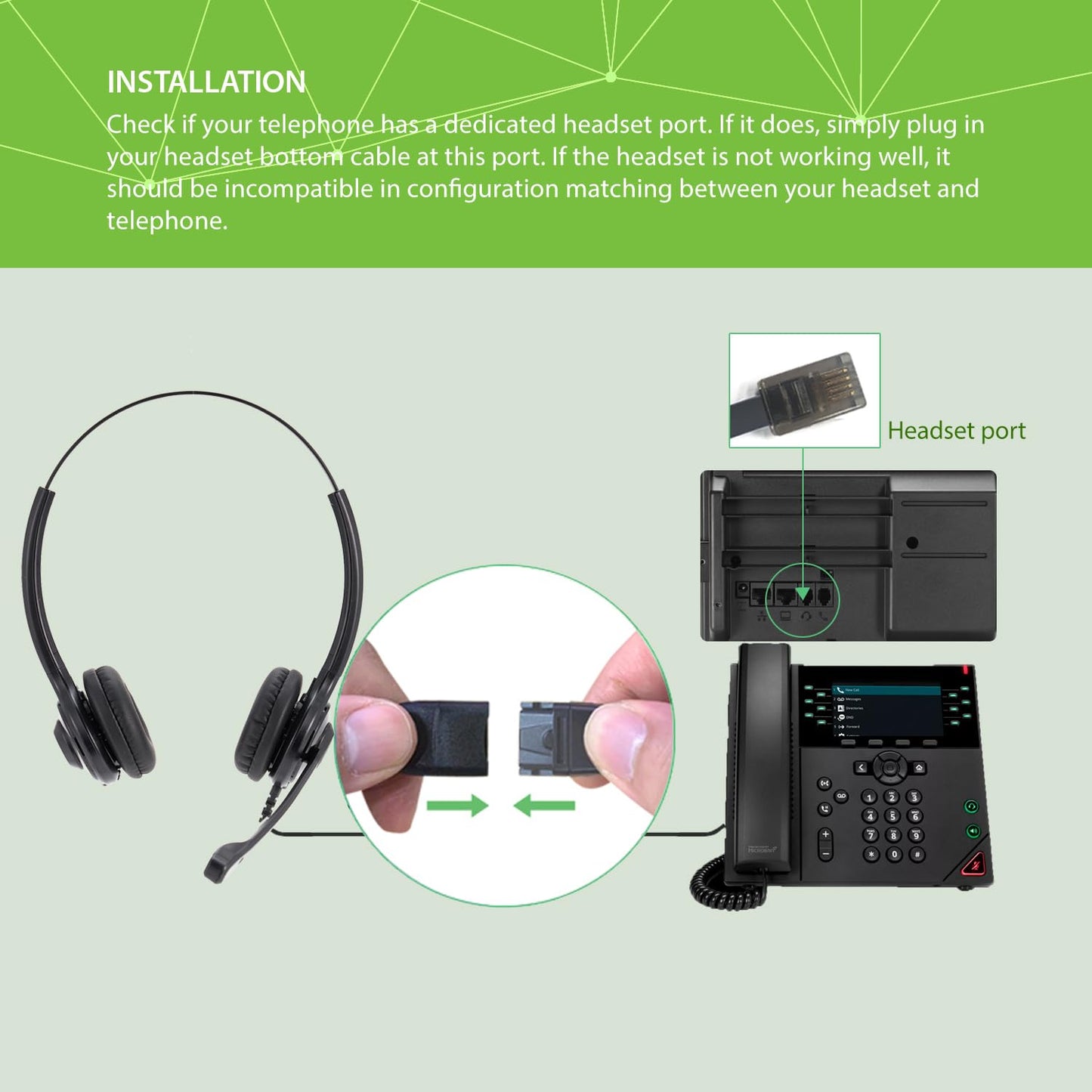 IPD Phone Headset for Office and Call Center Wired QD to RJ9 IPH-215 Binaural-Compatible with with Yealink SIP, Grandsteam, Sangoma, +Ooma and LG landline Phones